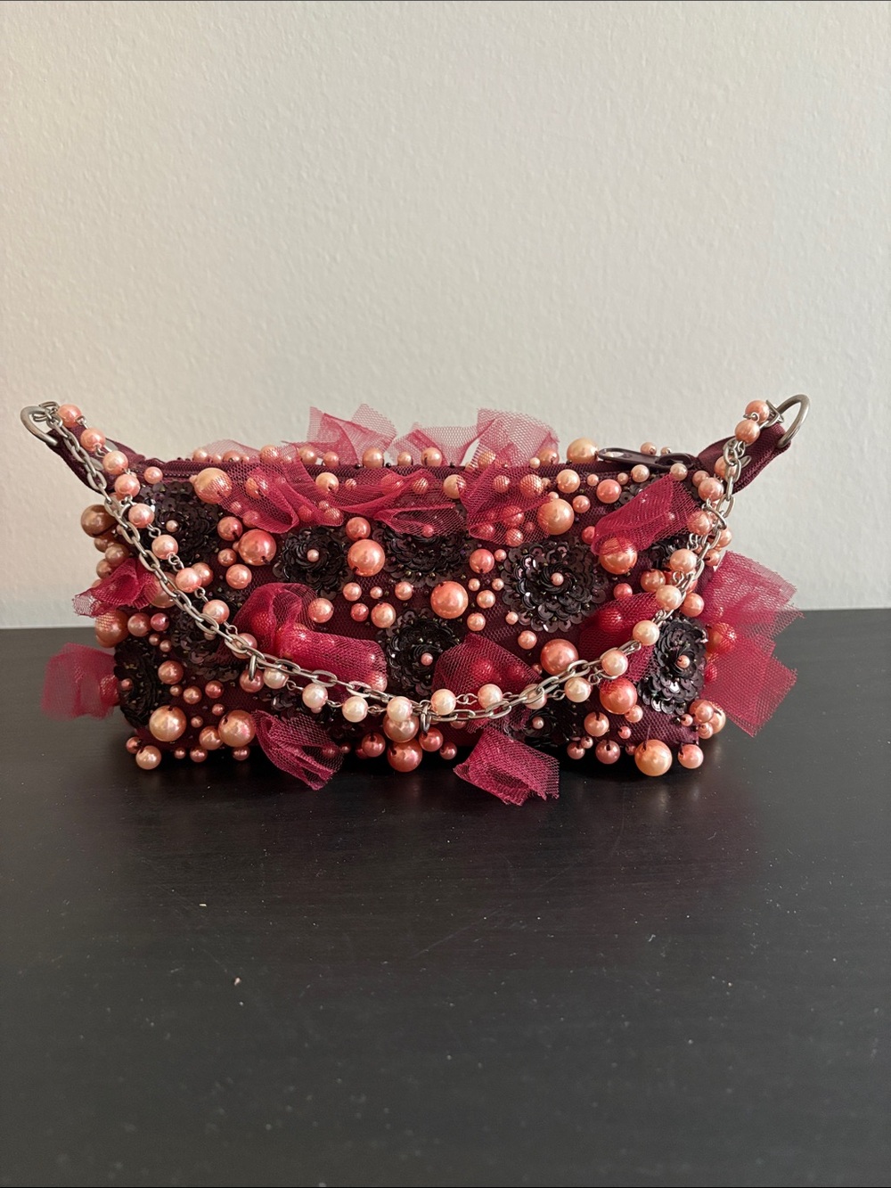 Embellished Burgundy Beaded Shoulder Bag